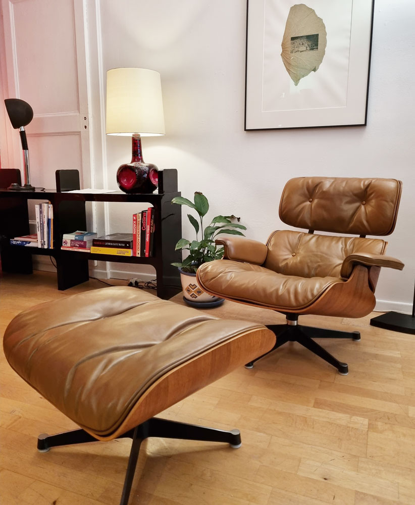 lounge-et-ottoman-cognac-eames galerie odile vevey